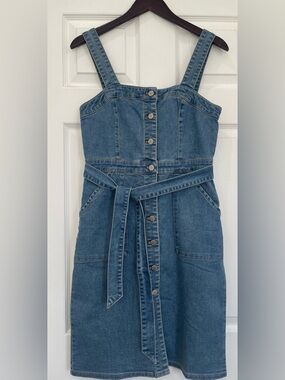 Denim Button-Front Sundress with Waist Tie - Blue Size M
